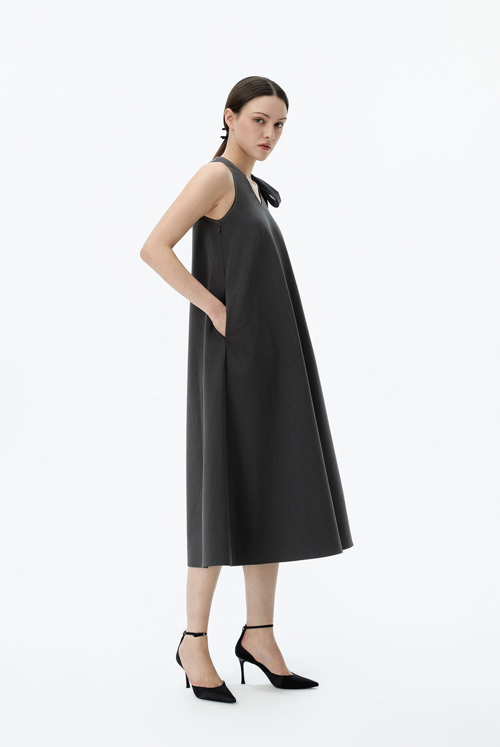 V-Neck Midi Dress With Shoulder-Tie